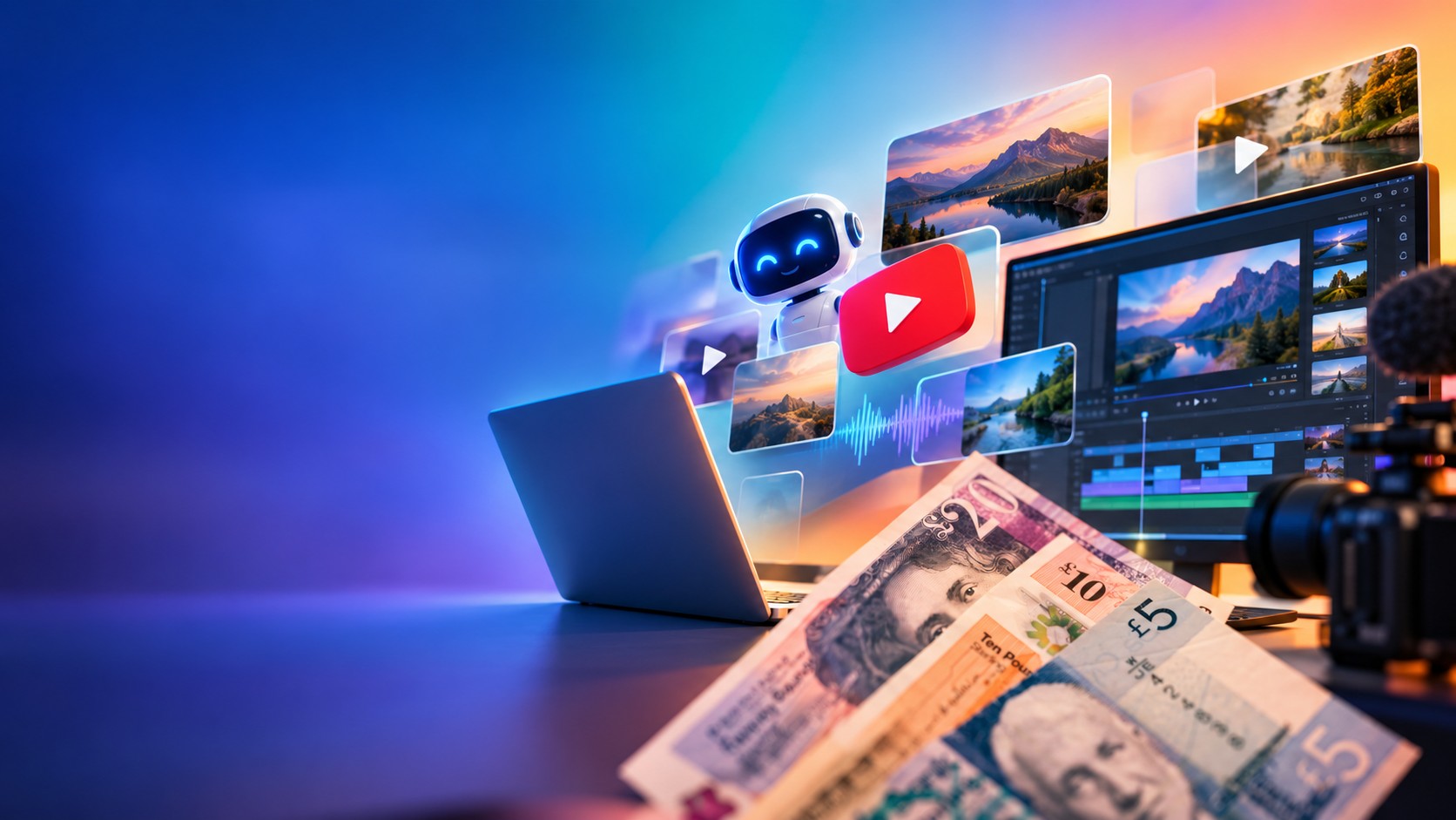A laptop showing an AI video editing timeline beside a YouTube revenue graph, with labels for ad revenue, affiliate income, sponsorships and client work.